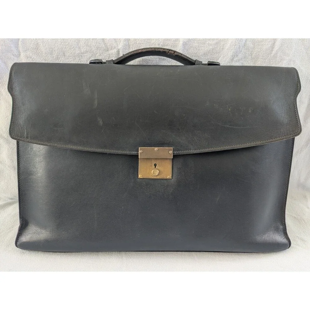 Vintage Gucci Black Leather Briefcase Satchel Attache Push Lock Made in Italy
